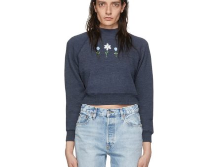 RE DONE Womens Crewneck Sweatshirt Medium Navy Blue Floral Embroidery NWT Sale